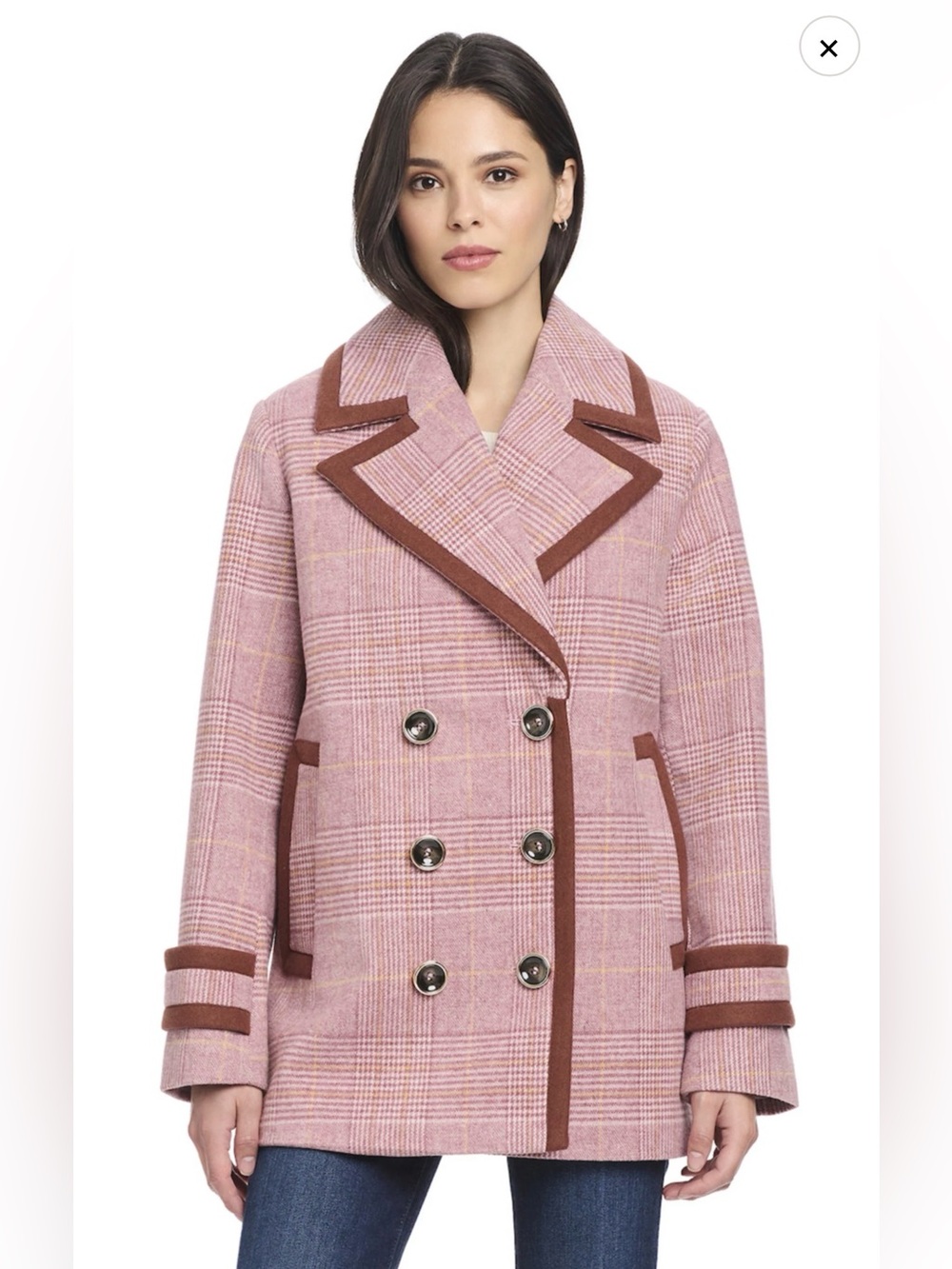 Draper James preppy Pink Plaid Double-Breasted Pea Coat with Brown Trim S NEW